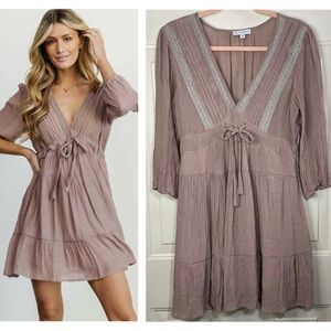 Baltic Born Amelia Babydoll Mini Dress Women’s S Dusty Lavender Boho Lace Ruffle